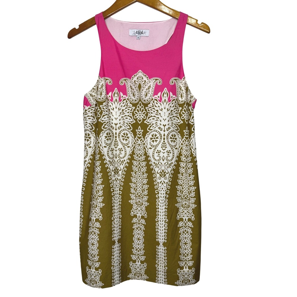 Tibi Sleeveless Mini Shift Dress Size 4 Pink/Olive Green